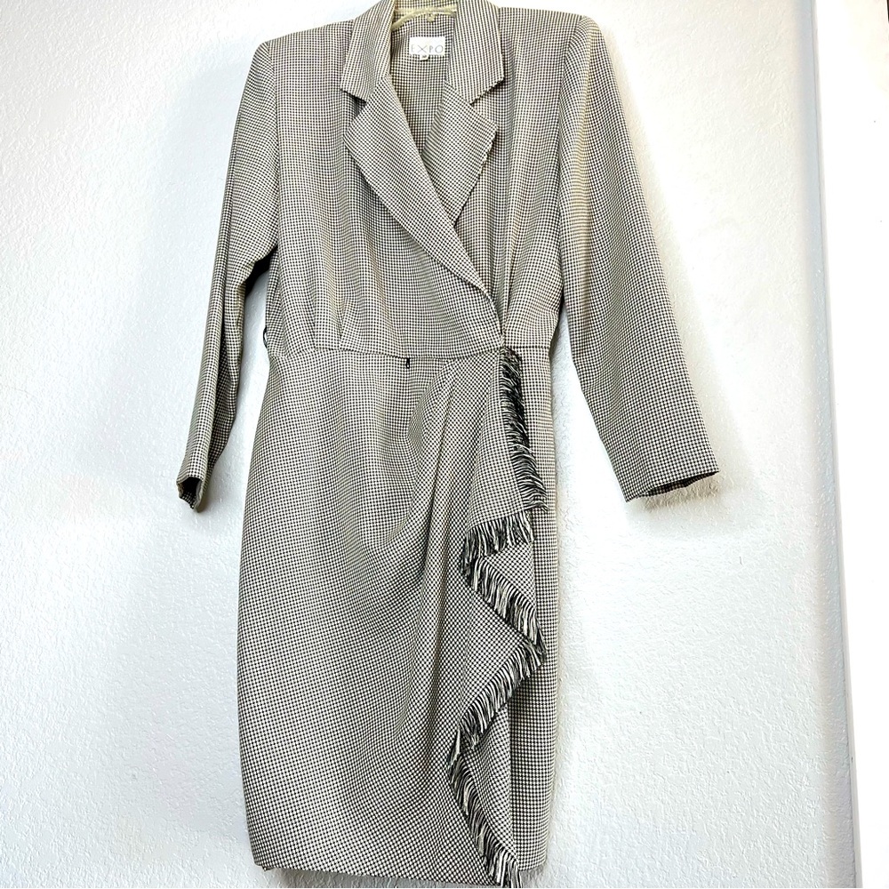 Vintage Noir Houndstooth Fitted Midi Shirtwaist Dress